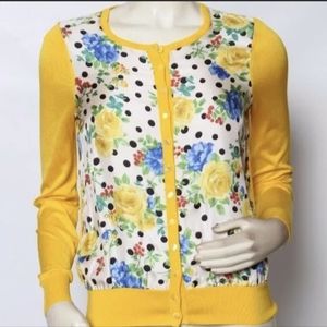 Rondina Etcetera Women's Floral Silk Scoop Neck Cardigan Sweater Canary Yellow